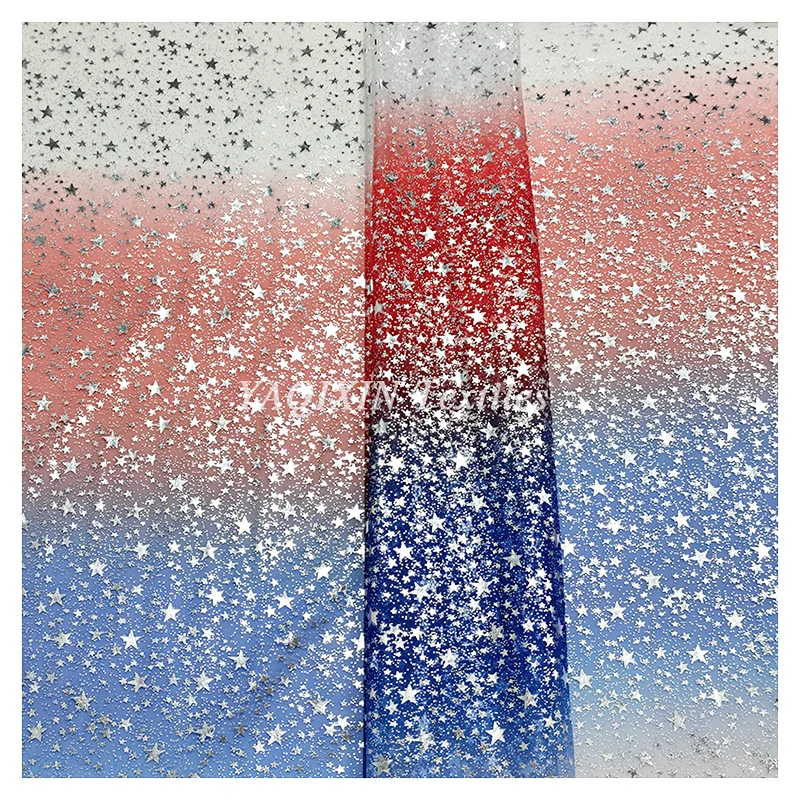 YX2117 American Independence Day Design Fabric Polyester Gradient Rainbow Digital Print Shiny Galaxy Star Tulle Mesh Fabric - 图片 6