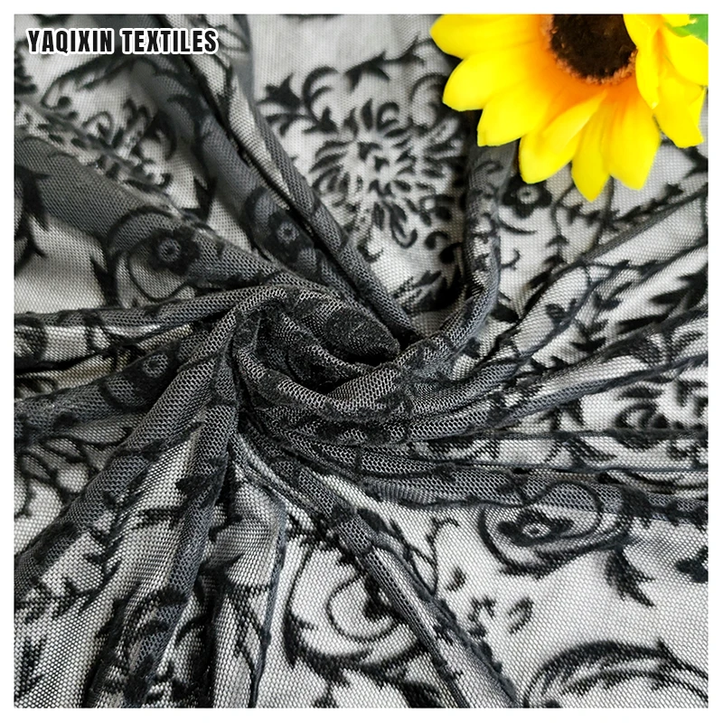 Designer New Custom 4 Way Stretch Clothing 95 Polyester 5 Spandex Flocked Mesh Fabric in Black - 图片 5