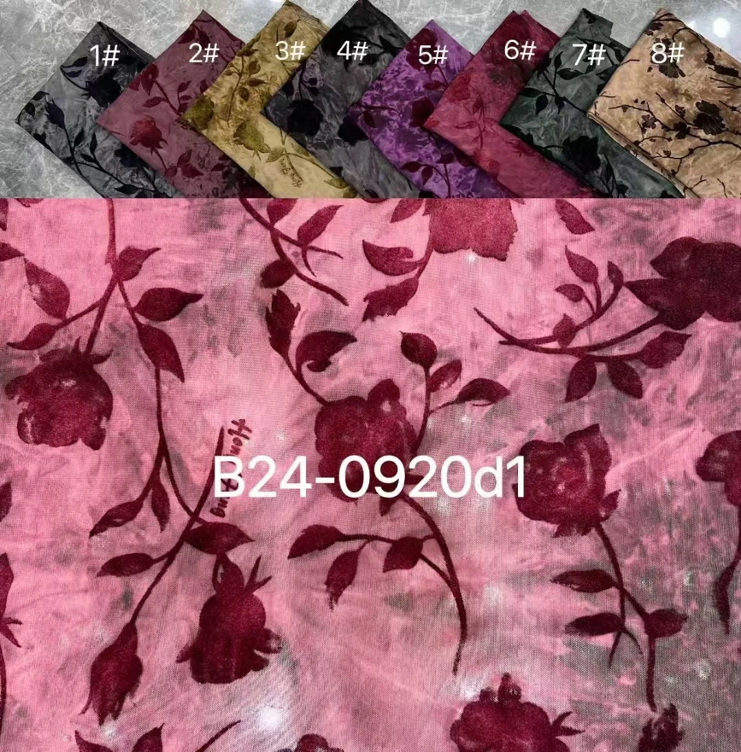 YX635 Wholesale Prices Pink Rose Flowers Flocked Spandex Stretch Fabric Knit for Chinese Catwalk Dress - 图片 6