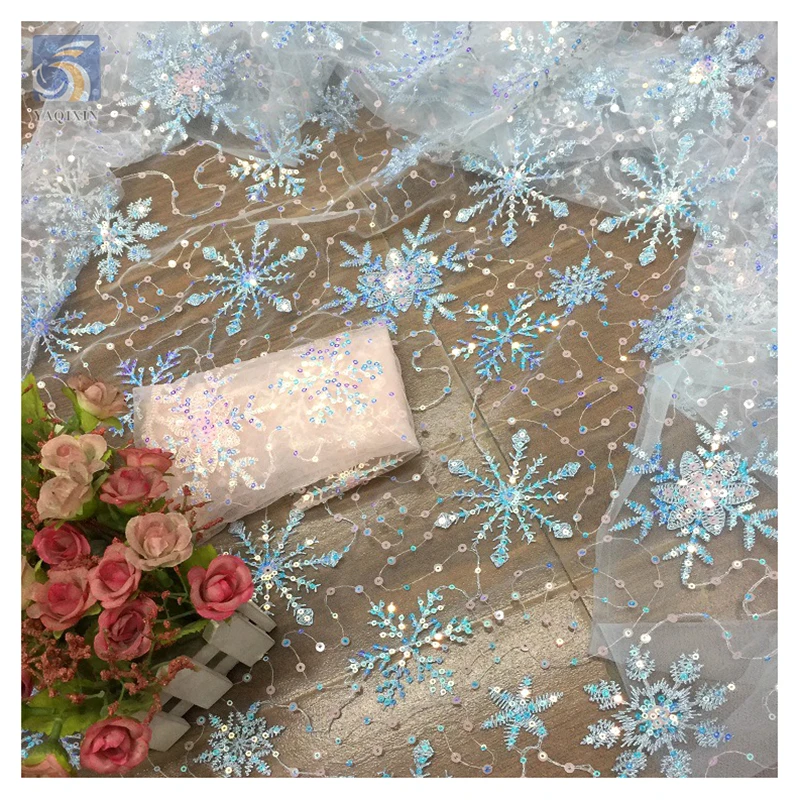 New Arrival Winter Christmas Clothing Snowflake Mesh Sequins Embroidered Fabric Tulle Dress Lolita Children's Fabric - 图片 6