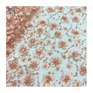 Wholesale Custom 3D Plum Blossom Floral Embroidery Sequin Lace Fabric French Beaded Embroidery Bridal Dress Fabric