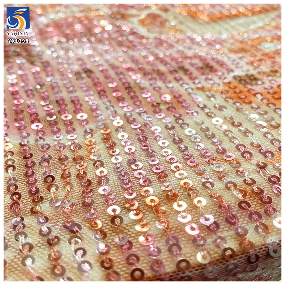 YX1398 Custom 3mm Sequins Large Florals Print Mesh Fabric 5 Yards MOQ Diagonal Stripe Dress Sequin Print Fabric - 图片 6