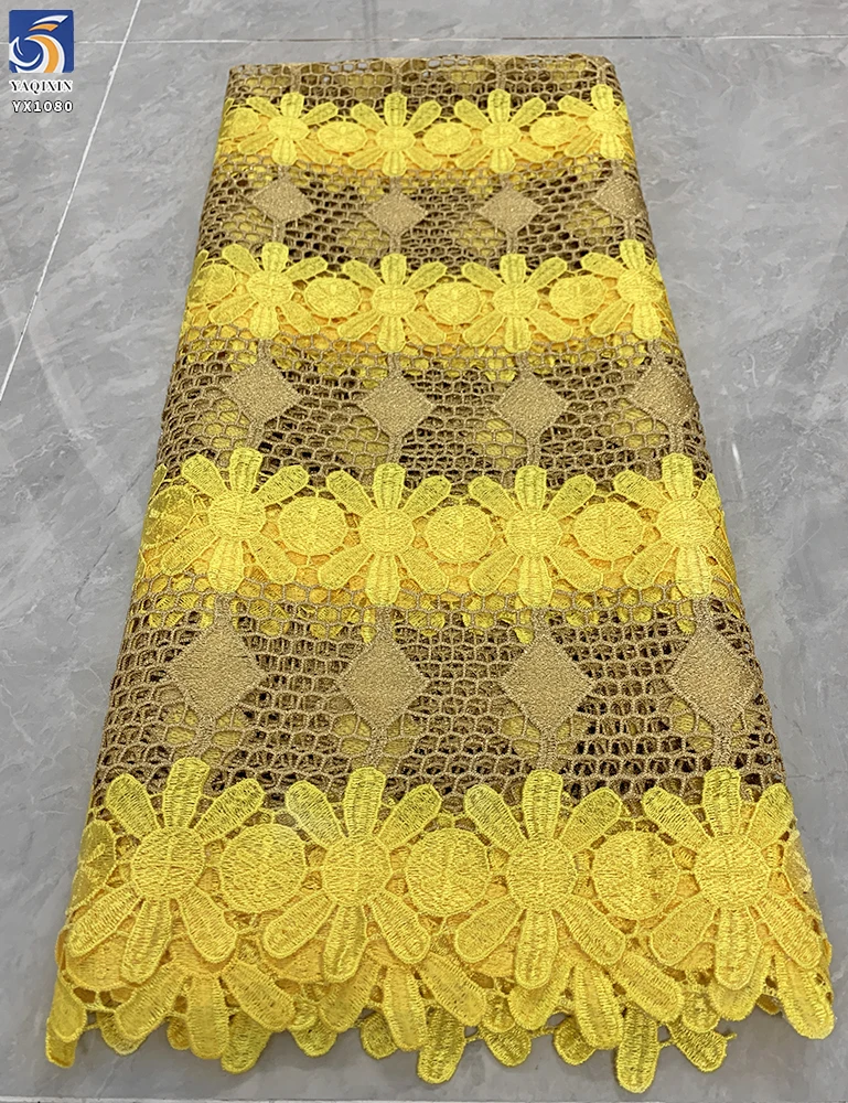 YX1080 Summer Sunflowers Yellow Embroidery Net Lace Fabric African Rich Bazin Ethnic Embroidery Water-Soluble Lace Fabrics - 图片 4