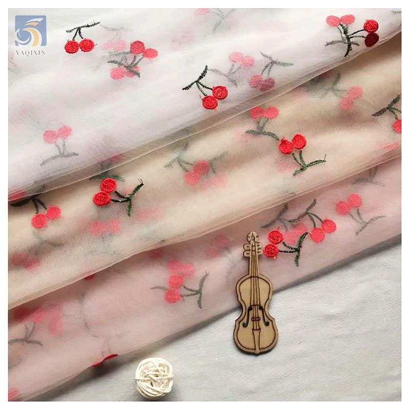 Cheap Competitive Wholesale Price Embroidery Lace Fabric Red Cherry Embroidery Tulle Mesh Fabric for Children - 图片 6