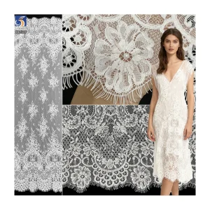 YX1105 African Elegant Wedding Lace Fabric Textile White Flower Embroidery Bead Tube Pearl 3D Eyelashes Lace Fabric Customized