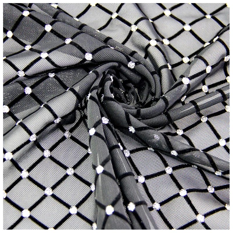 Hot Women Black Lace Dress Fabric Nylon Tulle Flocking Stretch Mesh Fabric - 图片 5