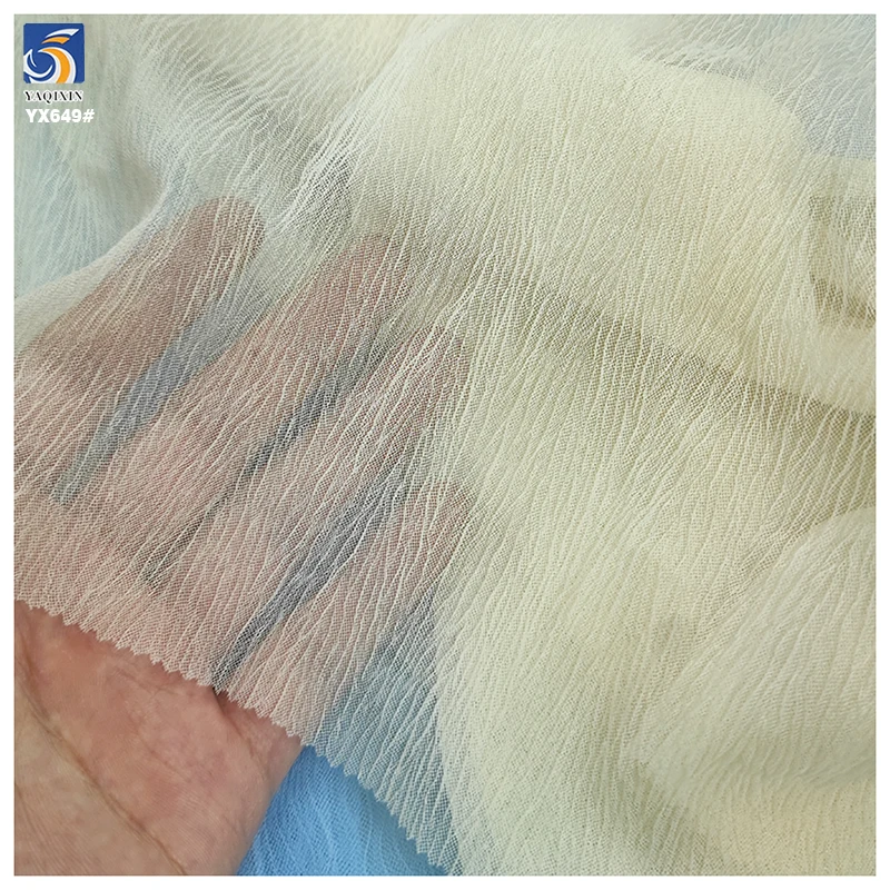 YX649 OEM Customized Colors Soft Breathable 60gsm 100 Polyester Ivory Tulle Mesh Wrinkle Crepe Fabric for Skirts - 图片 5