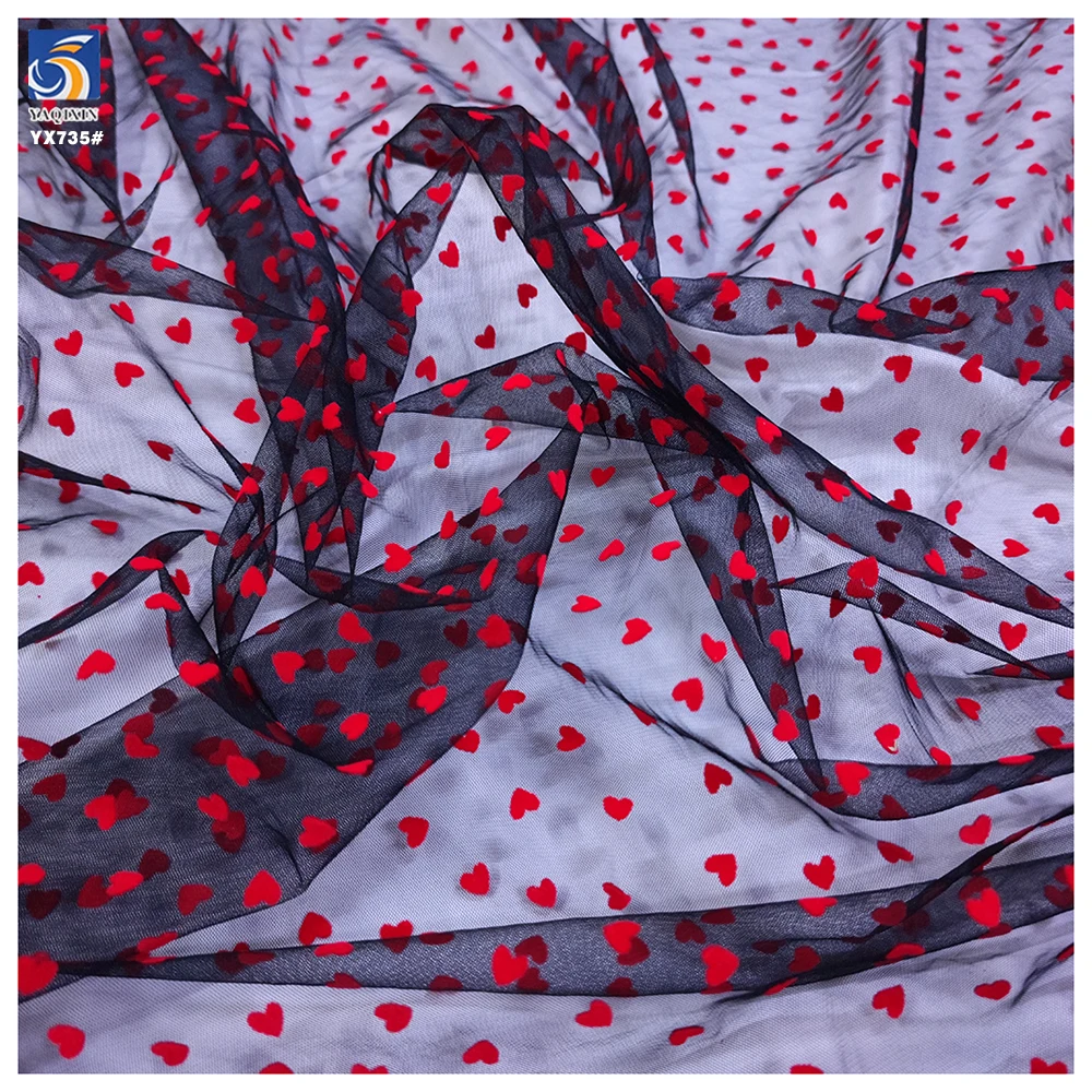 YX735 Sexy Design Polyester Flocked Tulle Fabric With Heart Breathable Knitted Mesh Net Fabric for Girls' Skirts and Bags - 图片 4