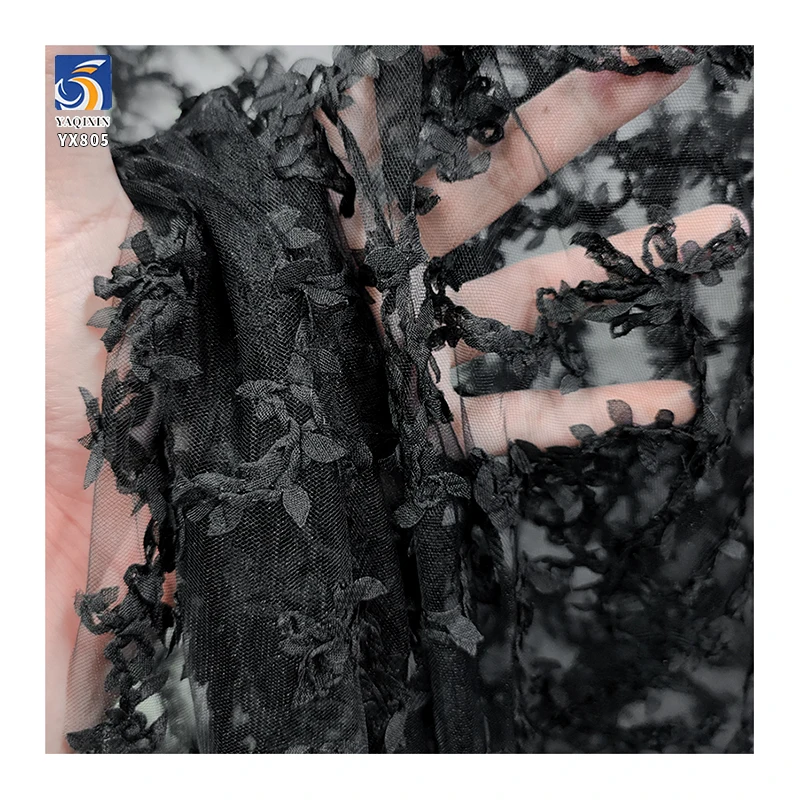 YX805 2025 New Arrivals 100 Polyester Knitted Swiss Mesh Milk Silk Lace Black Fabric Embroidery Floral Leaves Mesh Fabric - 图片 3