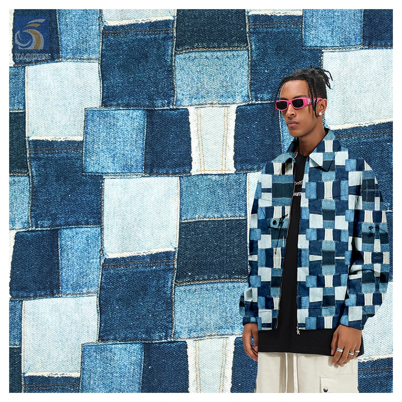 2025 Men's Italian Vintage Distressed Denim Fabric 100% Cotton Digital Printed Plaid Check Denim Fabric