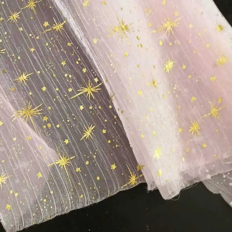 New Arrival Foil Printed Gold Meteor Star Organza Fabric Polyester Wrinkle Crepe Organza Printed Fabric - 图片 5