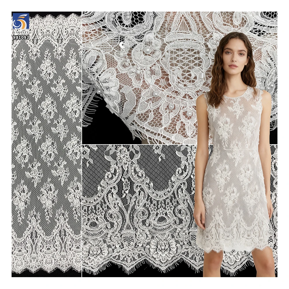 YX1093 15 Yards Handmade Bone Thread Crochet Lace Fabric 2026 African White Wedding Pearls Embroidered Eyelash Lace Fabric