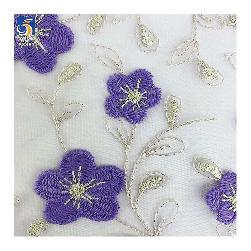 YX883 DIY Custom Plant Flowers Tulle Fabric Polyester Mesh Lavender Purple Embroidered Tulle Fabric With Small Florals - 图片 4