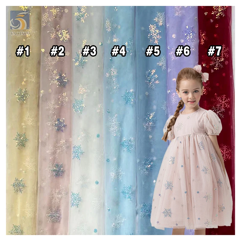 YX2538 Stock Christmas American Fancy Tulle Wholesale Yards Embroidery Snowflake Sequin Fabric Mesh Glitter Sparkle Fabric