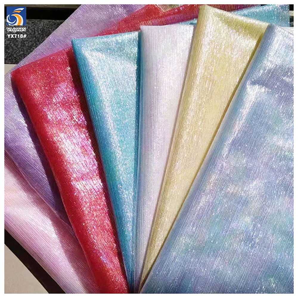 YX718 Lightweight 30gsm Breathable Mesh Dress Tulle Fabric Colorful Holographic Film Tulle Fabric Shiny Knitted Fabric - 图片 3