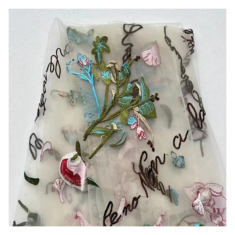 China Style Custom Embroidered Flower Tulle Fabric Lace Embroidery Woman Dress Fabric - 图片 5