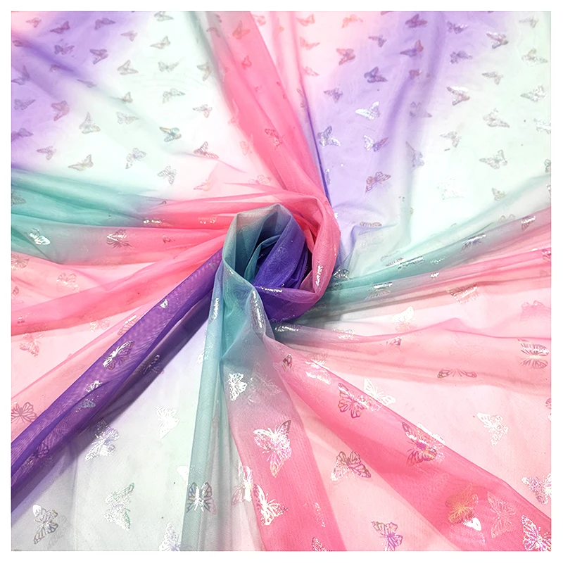 YX2048 New Arrival Pink Purple Butterfly Fabric Print Gradient Rainbow Soft Tulle Fabric for Tutu Dresses - 图片 3