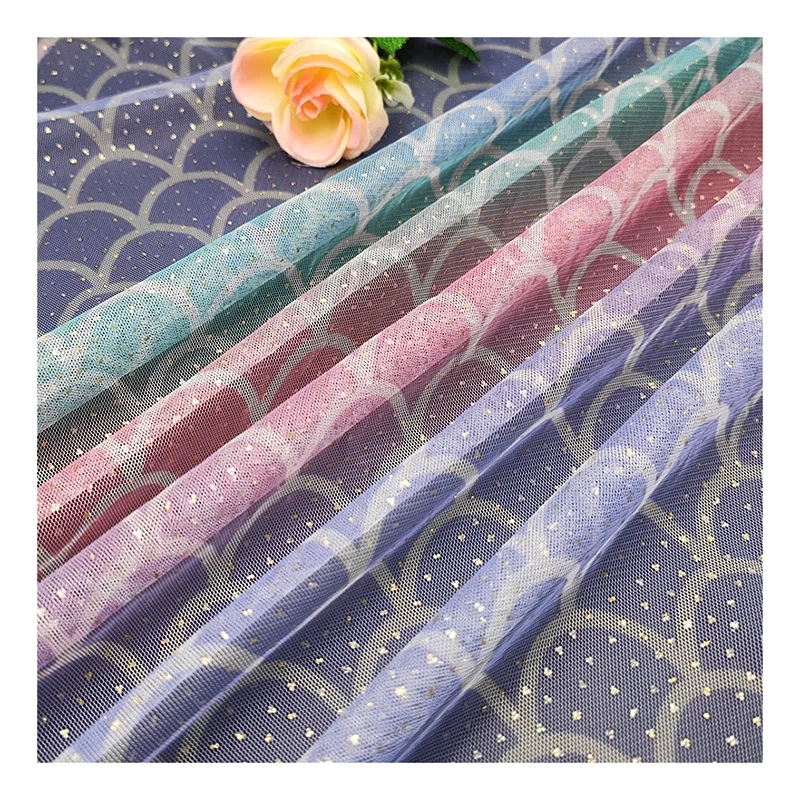 KT17 Digitally Printed Tulle Fabric Fish Scale Color Printing Mesh Fabric Tulle with Gold Glitter Dot - 图片 3