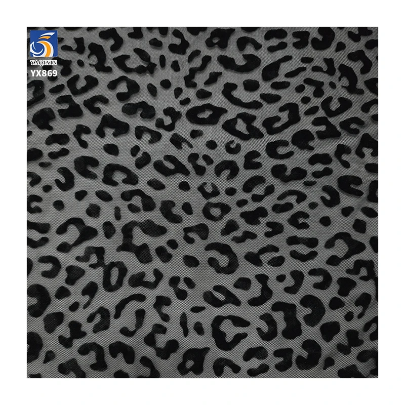YX869 High Quality Customized Spandex Stretch Mesh Flocking Tulle Fabric Black Lace Leopard Print Mesh Fabric - 图片 4