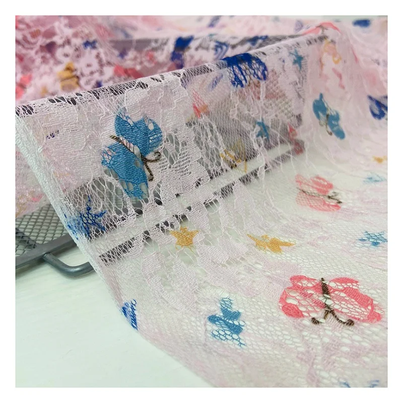 2025 Novel Design Jacquard Digital Printed Chantilly Lace Fabric Colorful Butterfly Print for Clothing Dress & Wedding Use