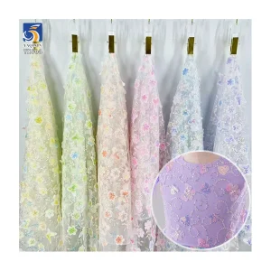 YX808 Butterfly Floral 3D Embroidery Knitted Mesh Fabric With Small Sequins Shiny Girl's Princess Dress Tulle Fabric