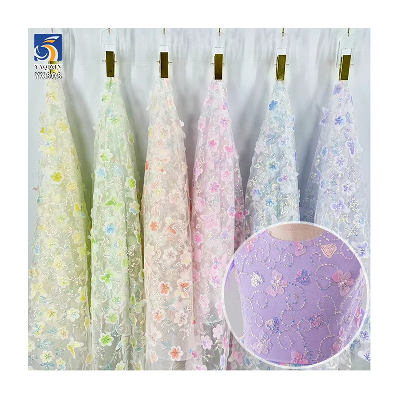 YX808 Butterfly Floral 3D Embroidery Knitted Mesh Fabric With Small Sequins Shiny Girl's Princess Dress Tulle Fabric