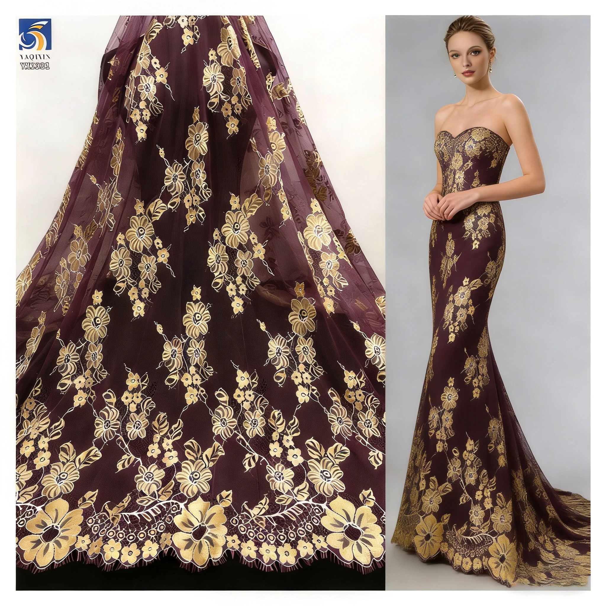 YX1331 3m*1.5m China Hot-Selling Gold Thread Eyelash Lace Fabric for Long Dress Luxury Embroidery Mesh Dubai Lace Fabrics