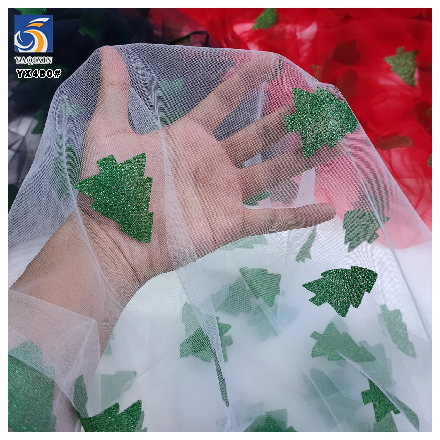 YX480-1 Christmas Tulle Fabric With Green Christmas Tree Glitter Pattern for Children's Dresses or Parent-child Fabrics - 图片 4