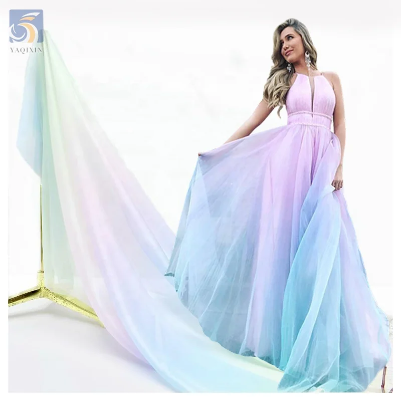 YX2159 2025 New Design Stylish Digital Printing Chiffon Fabric 5 Light Colors Dress Ombre Rainbow Chiffon Fabric by Roll Yards