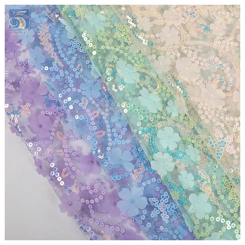 TDS008 Custom Multicolor 3D Floral Embroidered Tulle Lace Fabric for Dress Sequin Embroidered Tulle Mesh Fabric - 图片 5
