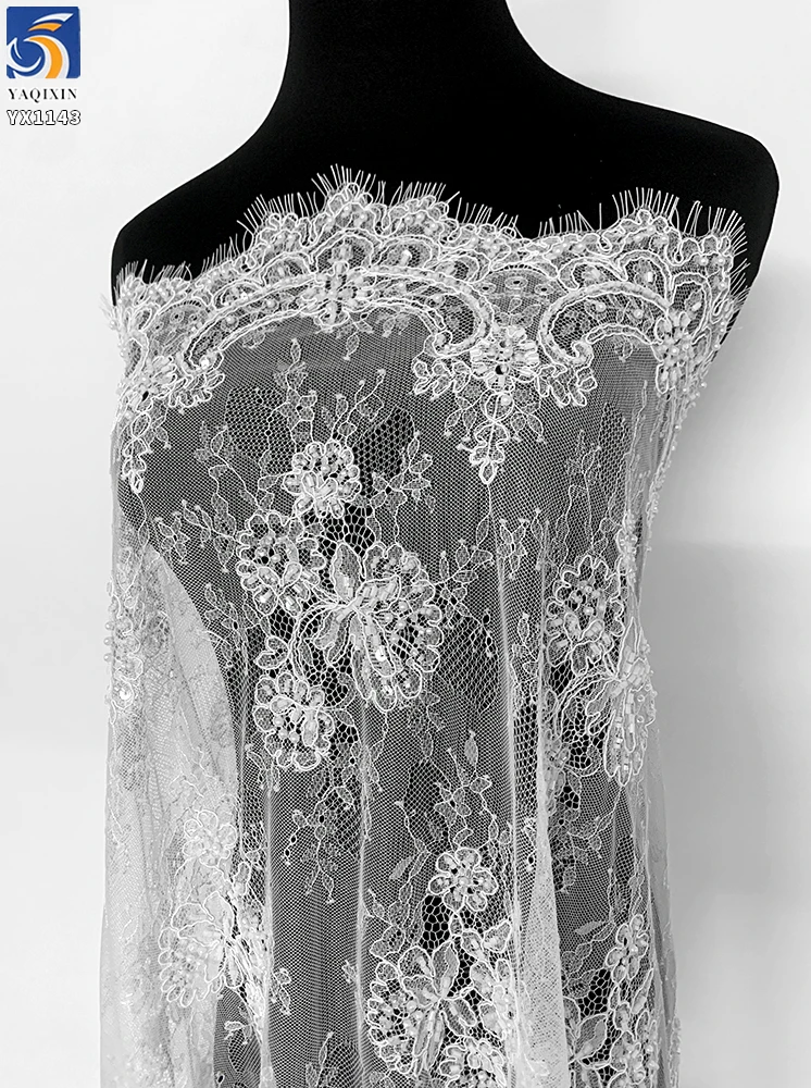 YX1143 300*150CM High Quality Embroidered Silver Pearl Sequins Plywood Eyelash French Lace Fabric for Bride's 15 Yards Wedding - 图片 3