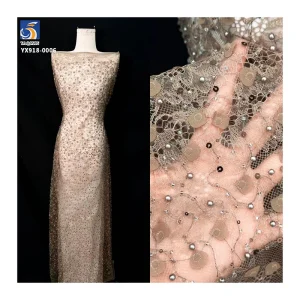YX918 High Quality Made in China Factory Cheap Chantilly Lace Embroidery Beads 3D Pearls Heavy Lace Fabric Textile