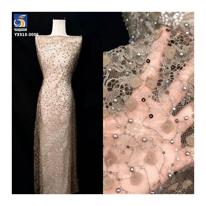 YX918 High Quality Made in China Factory Cheap Chantilly Lace Embroidery Beads 3D Pearls Heavy Lace Fabric Textile