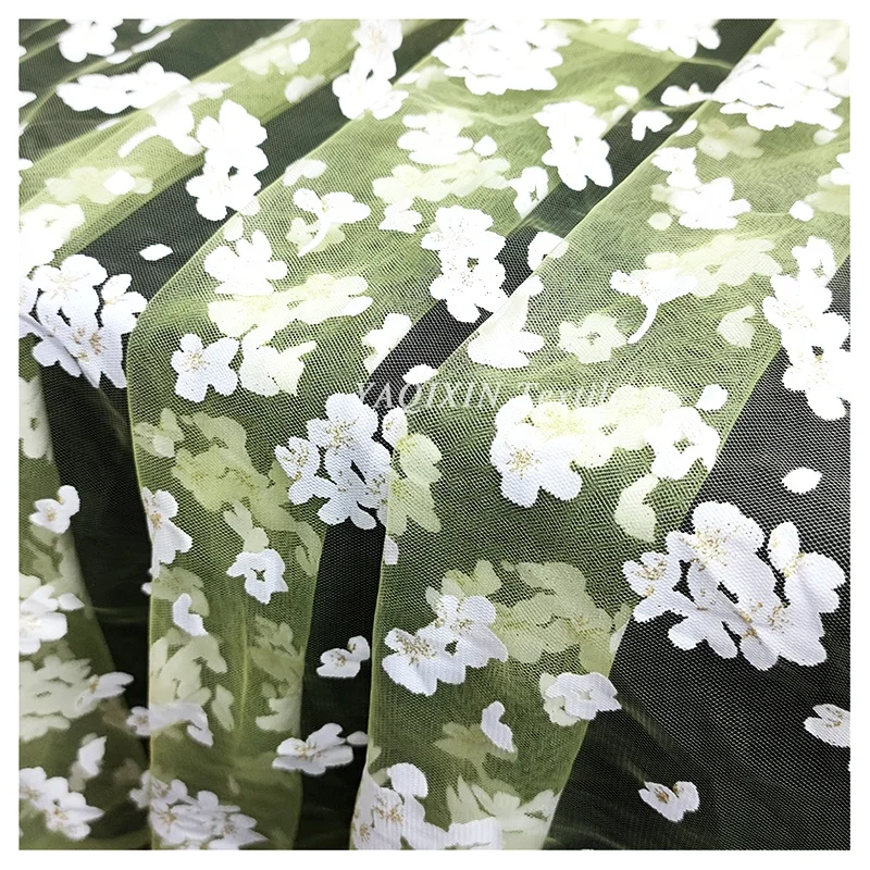 Custom New Arrival Tulle Fabric White Floral Offset Printed Sheer Nylon Stretch Mesh Fabric by the Yard - 图片 4