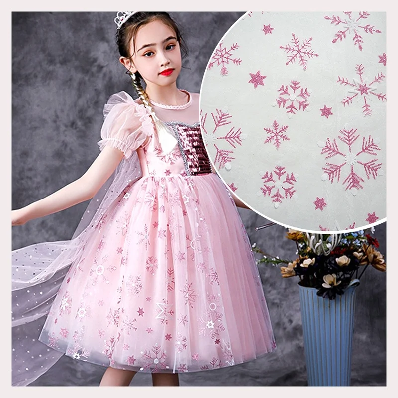 SG13 Winter Children's Glitter Snowflake Pattern Printed Mesh Tulle Fabric Suitable for Tutu
