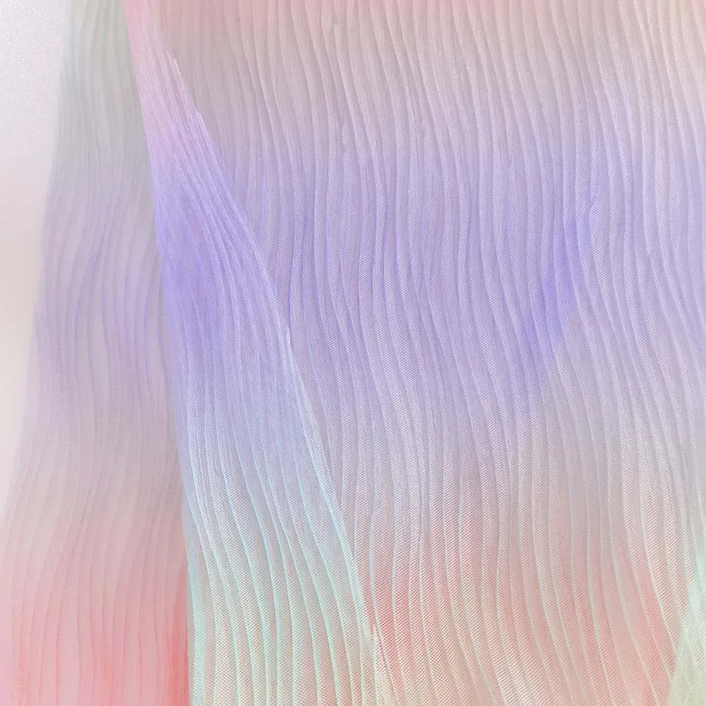 2025 New Rainbow Digital Printed Tulle Pleated Crepe Mesh Fabric for Party Dress - 图片 3
