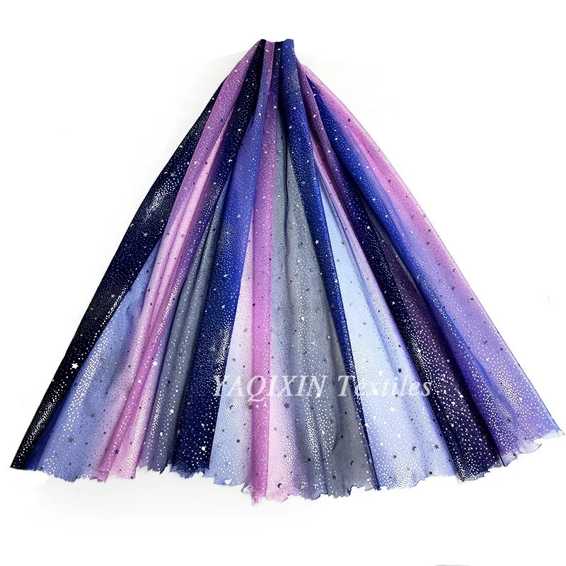 YX2118 Blue Pink Black Three-Color Ombre Tulle Fabric Wedding Dress Iridescent Sequins Dot Star Mesh Tulle Lace Fabric - 图片 6