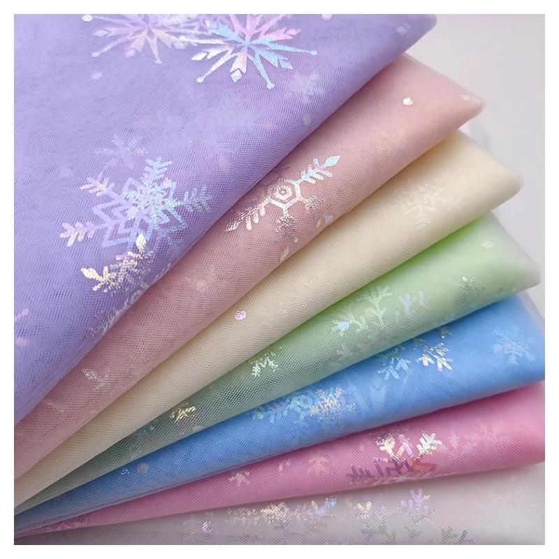 New Design Colorful Foil Printing Winter Snowflake Printed Christmas Fabric Polyester Tulle Mesh Fabric 63 Inch 20gsm