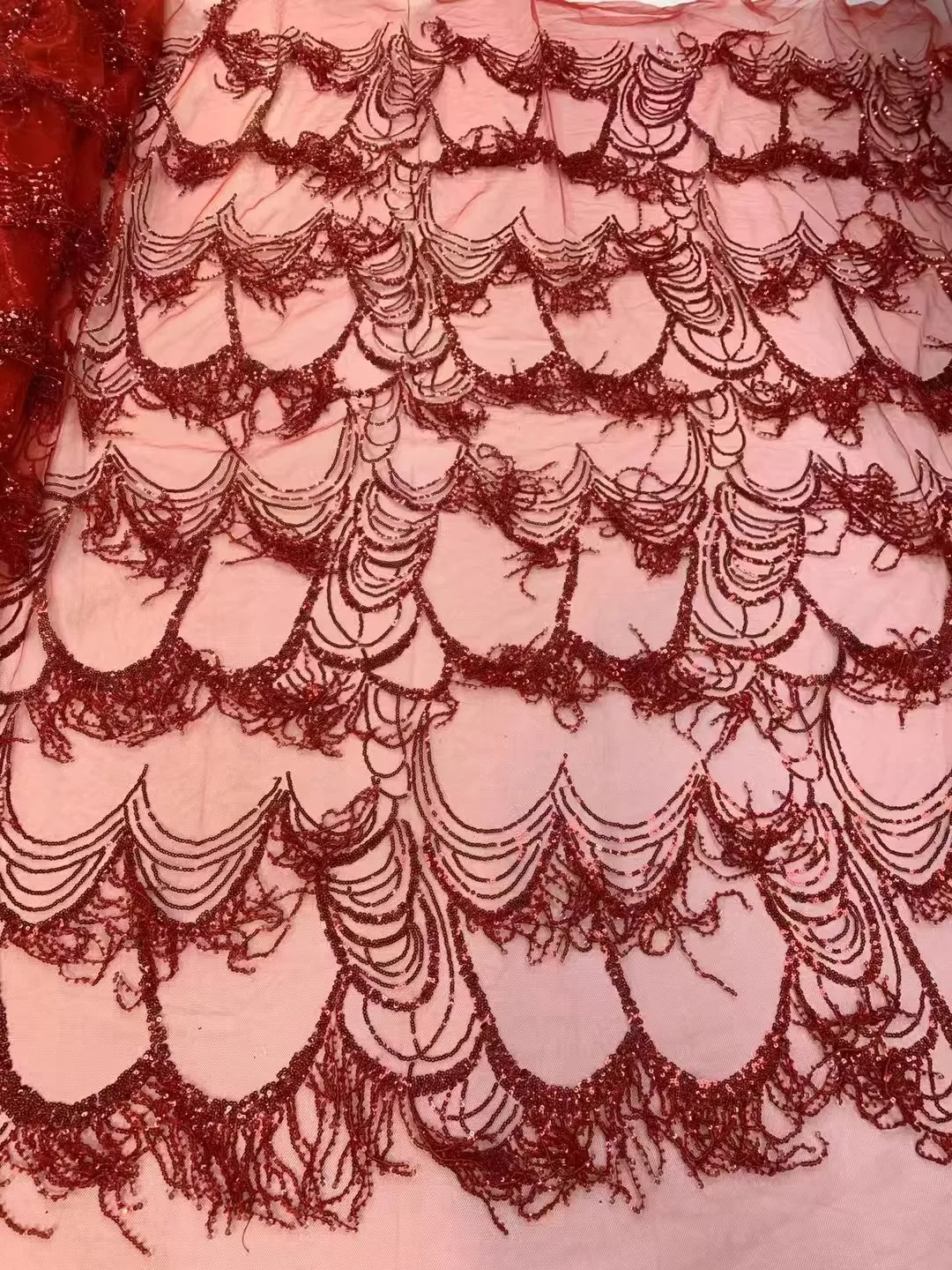 YX763 Latest Width 130cm Weight 250gsm European Style Beaded Embroidery Mesh Wedding Dress French Tassel Lace Fabric - 图片 6