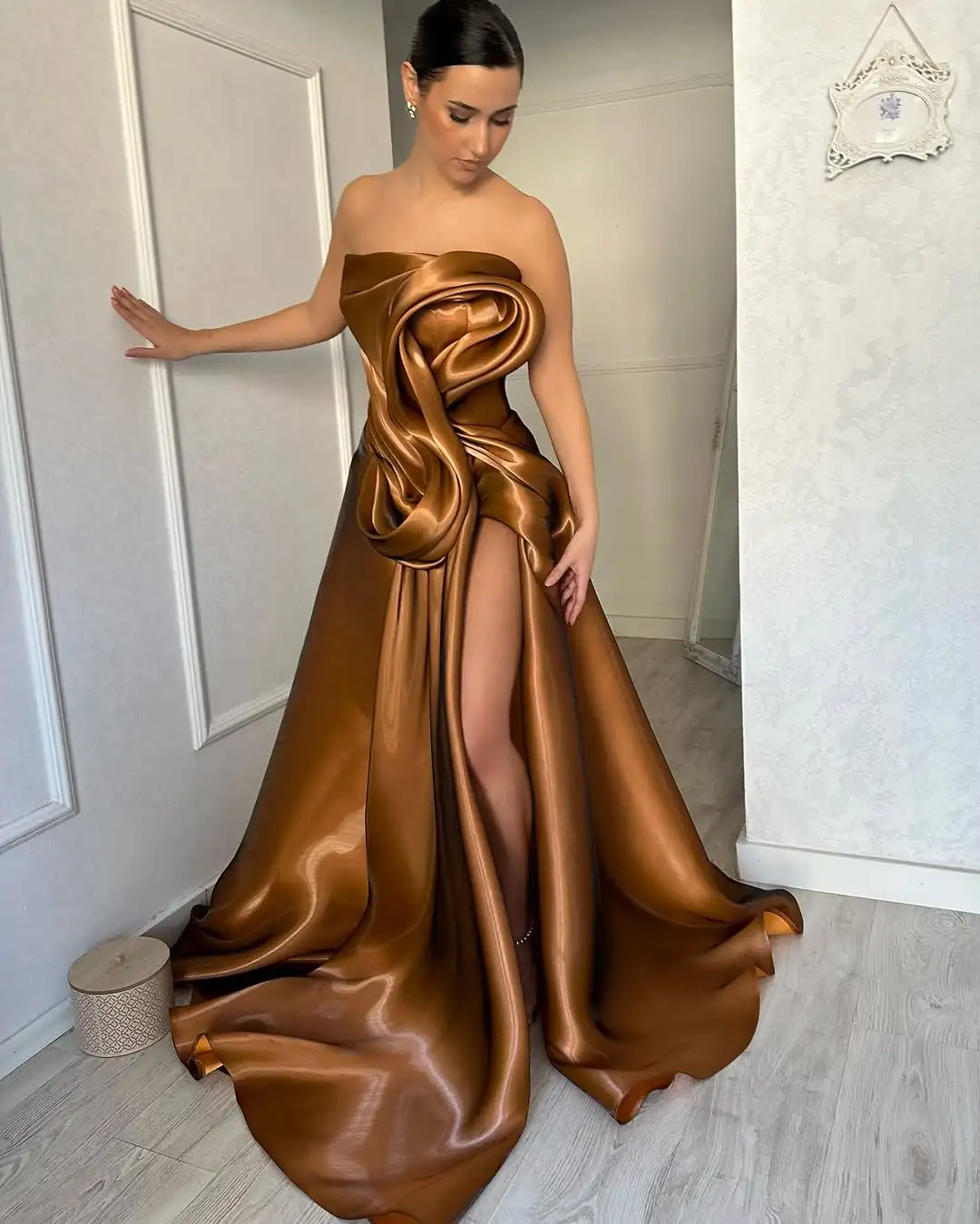 YX736 High Quality Brown 100 Polyester African Dress Fabric Liquid Acetate Satin Glossy Fabric for Clothing Woven - 图片 6