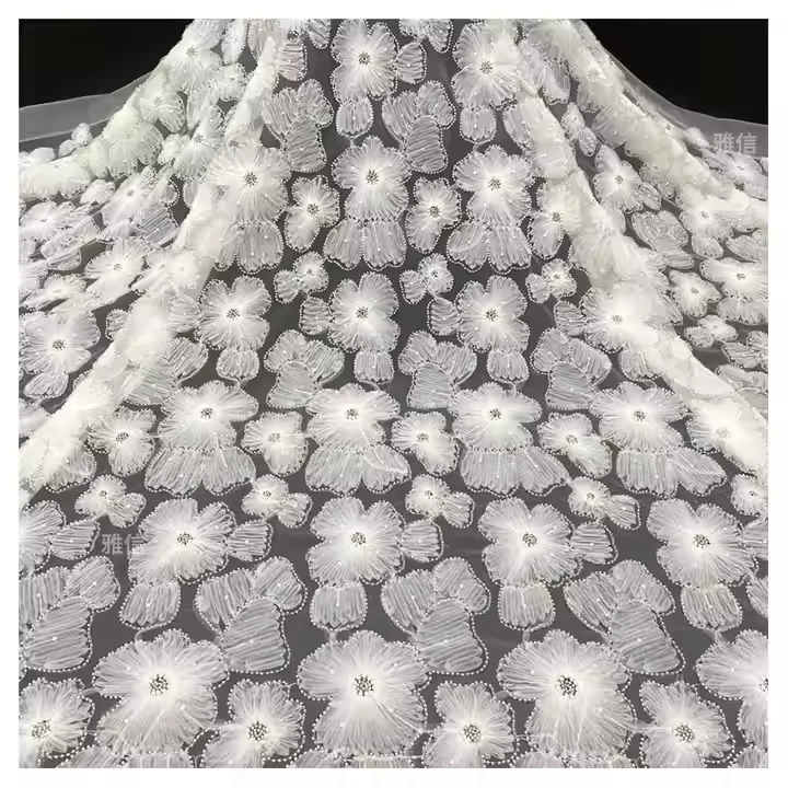 YX2284-2 High Quality White Polyester Embroidery Tulle Fabric Mesh 5 Yards for Lace Flowers Beads Pearl Embroidery Fabric - 图片 3