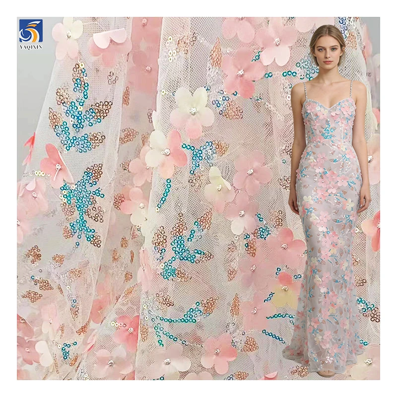 Multicolor 3D Flowers Embroidered Tulle Lace Fabric with Sequin Embroidery Tulle Fabric for Clothing