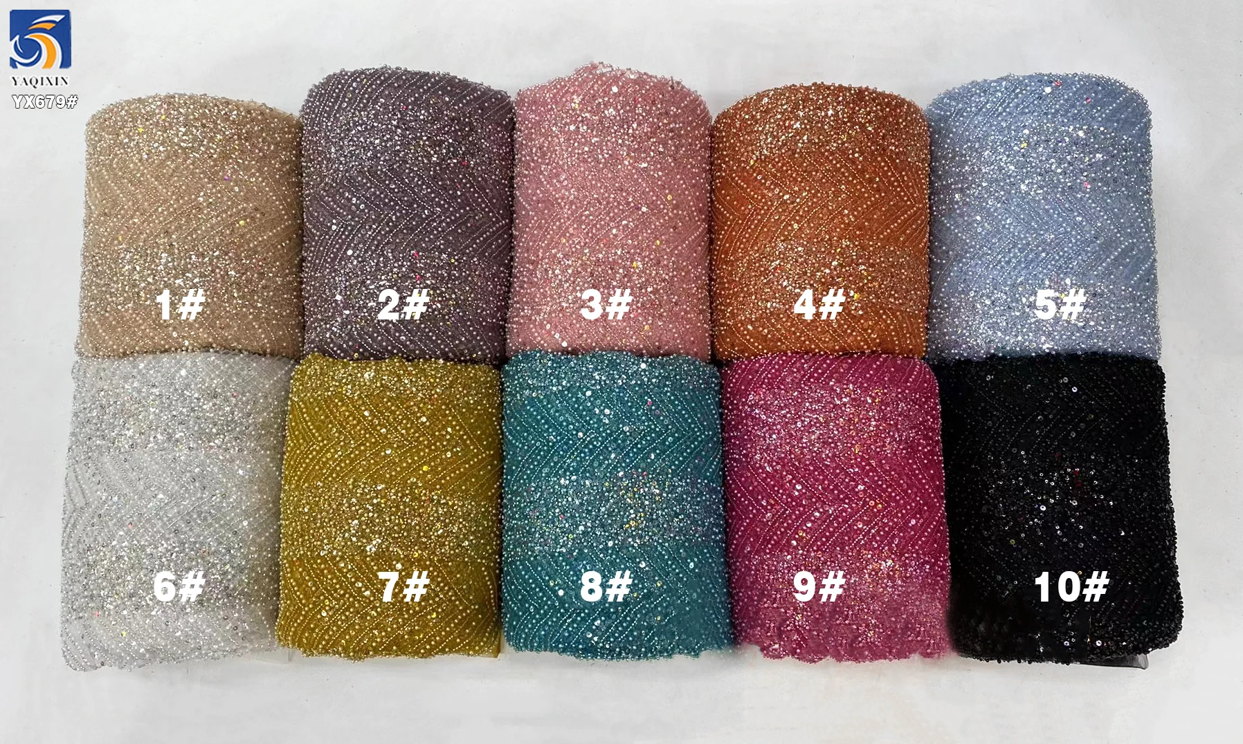 YX679 Luxury Pearl Embroidered Beaded Lace Evening Dresses Heavy Embroidery Sequin Bridal Lace Fabrics With Beads - 图片 6