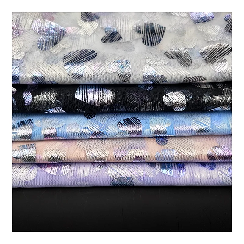 KT008 Valentine's Day Polyester Heart Tulle Fabric Customized Foil Printed Glitter Tulle Heart Fabric for Dress - 图片 3