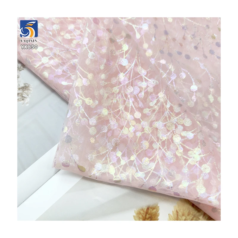 YX850 Weight 30gsm New Pattern Tulle Printing Fabric Cherry Glitter Foil Printing Mesh Tulle Fabrics for Girls Tutu Skirts