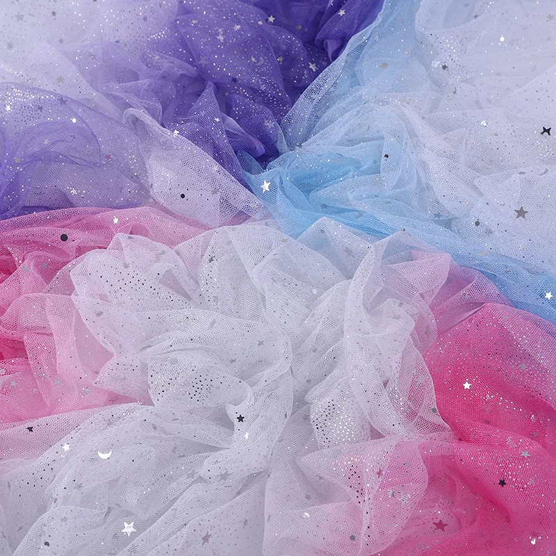 DX144 Sequin Gradient Tulle Metallic Silver Moon Star Glitter Lace Fabric Girl Dress Fabric Ombre Fabric - 图片 4