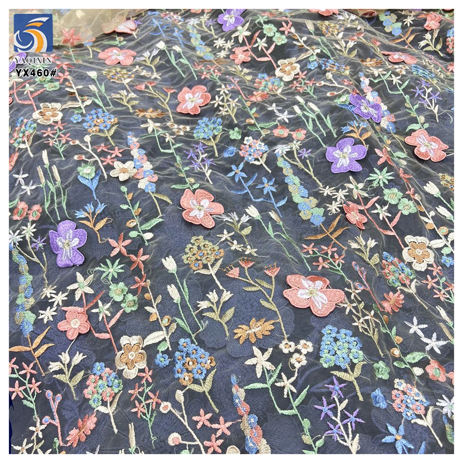 YX460 Cheap Floral Multicolor 3D Mesh Embroidery Fabric Lace Women's Clothing Wedding Dress Embroidery Fabric - 图片 5