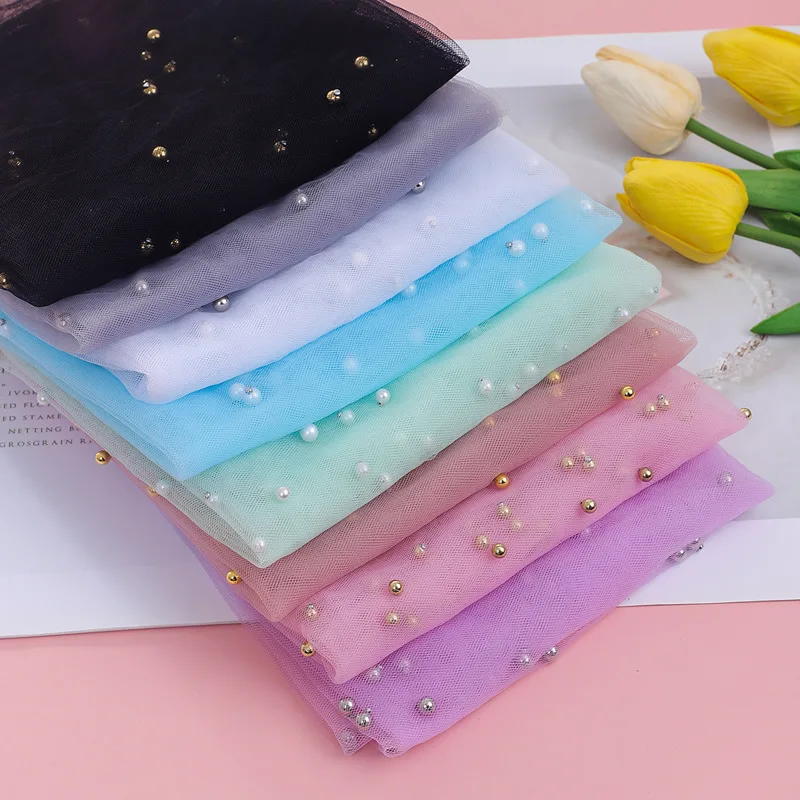 High Quality Handmade Pearl Beaded Lace Mesh Fabric White Polyester 3D Pearls Mesh Tulle Fabric With Beads