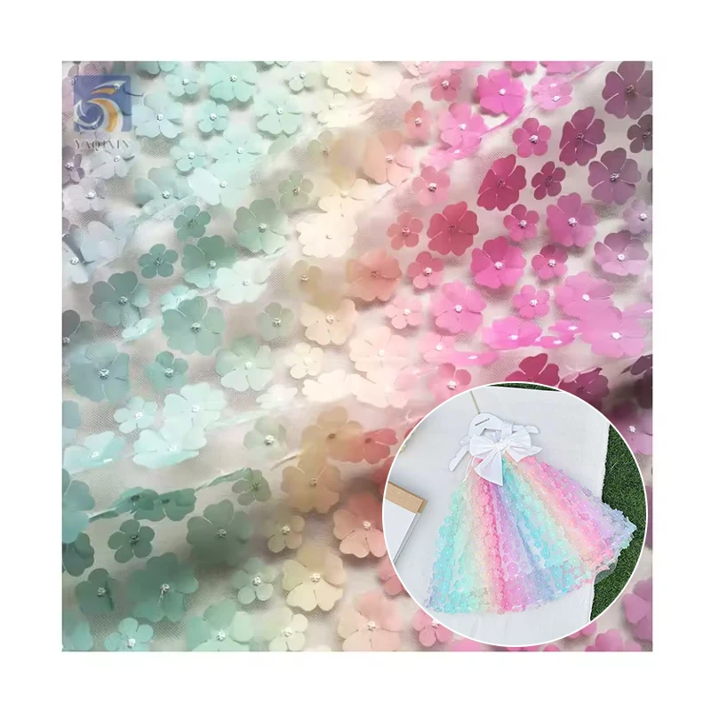 TDS001-2 Ombre 3D Tulle Fabric Hot Sales 100% Polyester with Embroidered Floral Colored Design for Girls' Garments - 图片 5