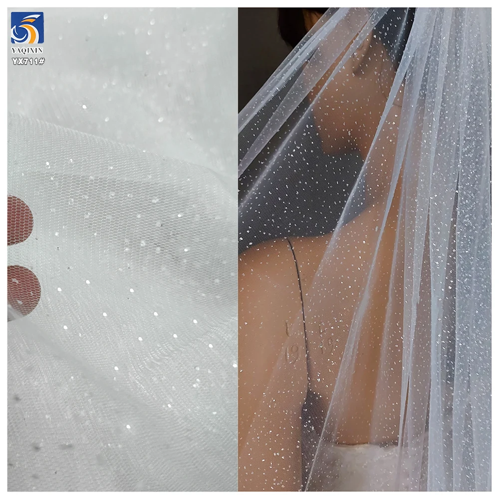 YX711 Pure White 40gsm Polyester Knitted Bridal Tulle Fabric Clear Sequins Glitter Mesh Fabric Soft Sparkle Glitter Effect
